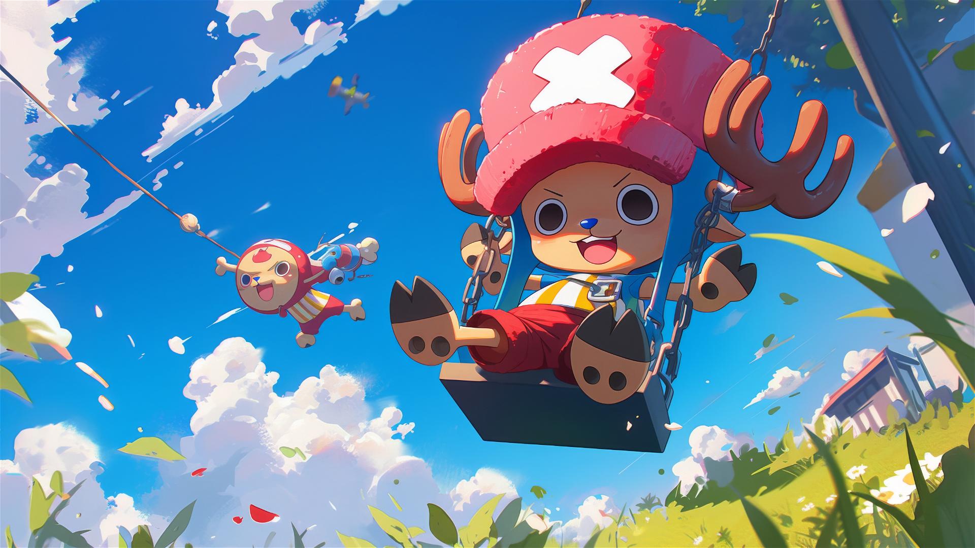 Tony Tony Chopper from One Piece on a swing, feet in the air, looking joyful