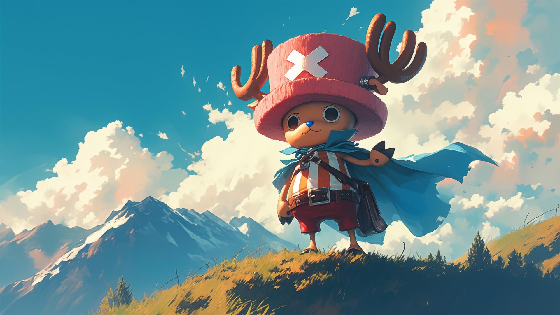 Tony Chopper from One Piece in cape on hill
