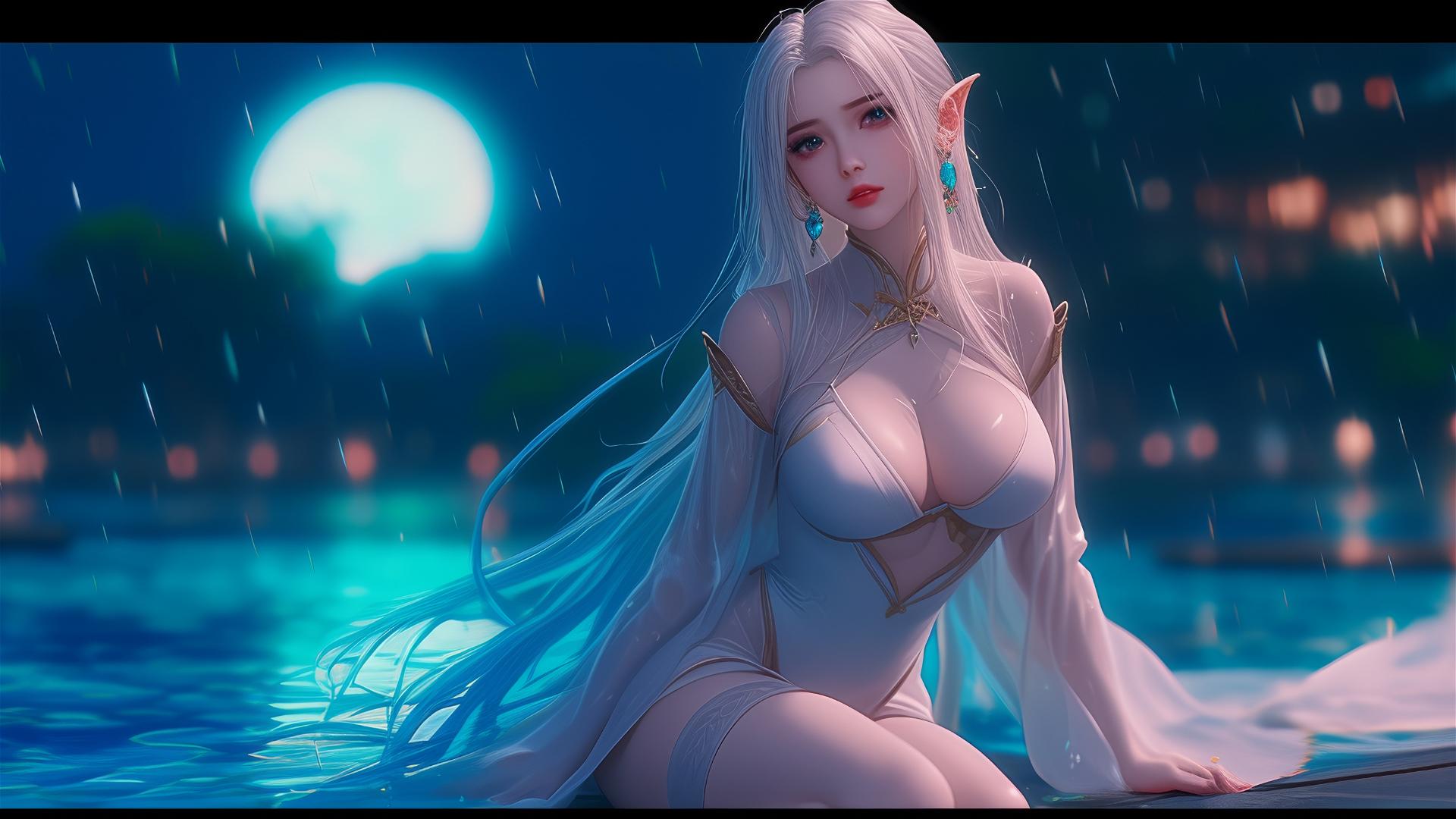 Fantasy elf girl resting by pool with moonlight