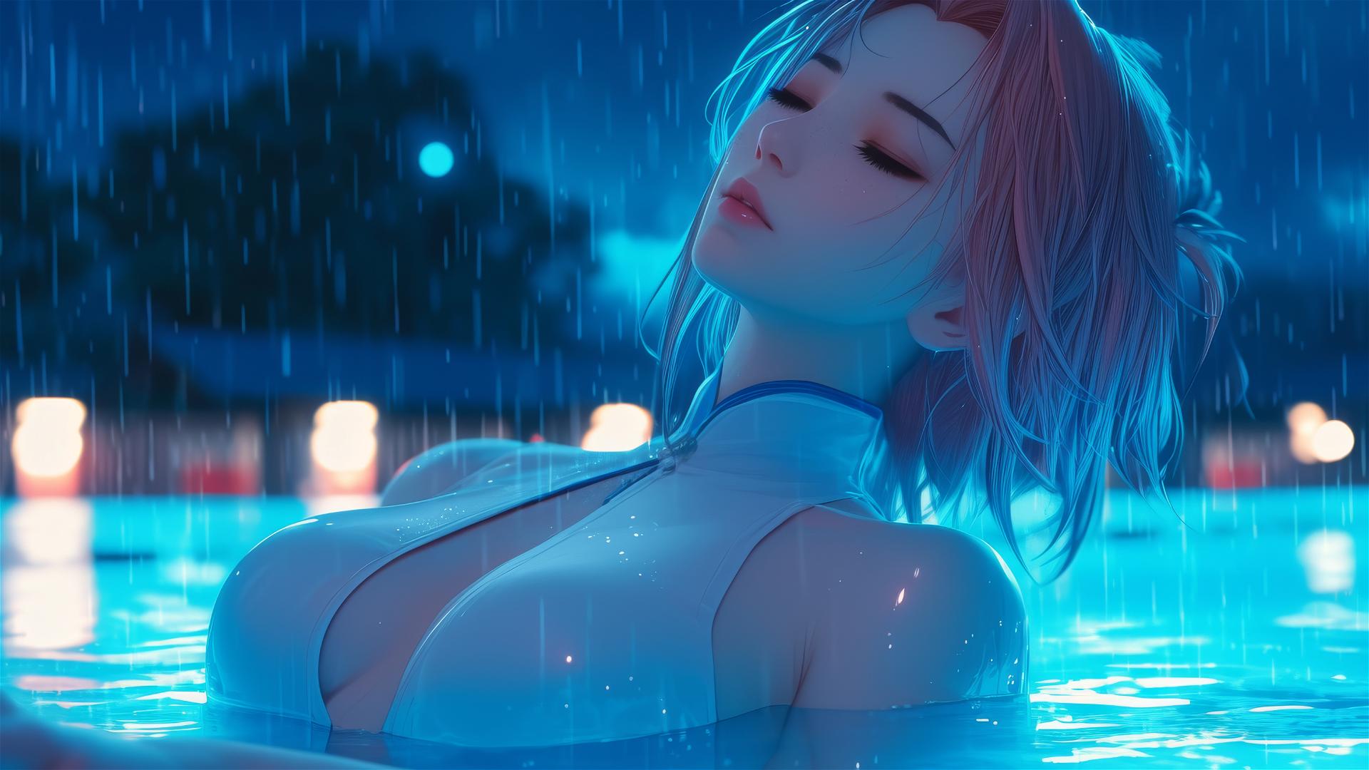 Haruno Sakura resting by a pool in moonlight with short hair