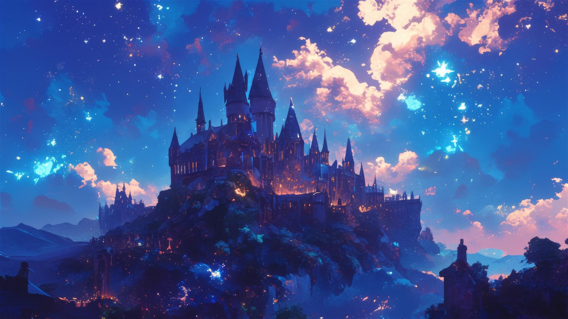 Ghibli-style art of Hogwarts at night under the stars