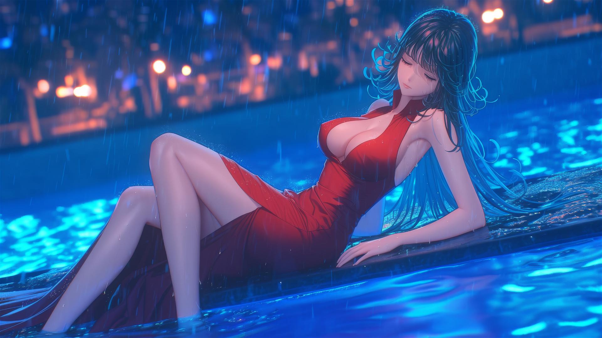 Tatsumaki from One-Punch Man resting by a pool under moonlight in red dress, with rain.