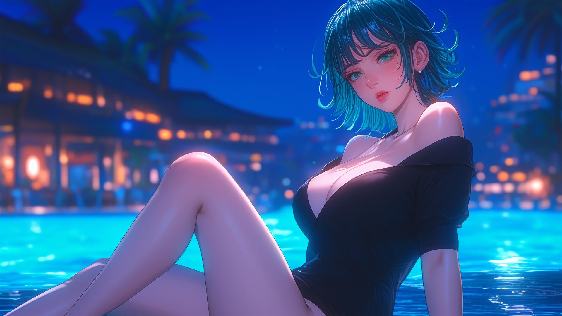 Tatsumaki from One-Punch Man resting by pool under moonlight