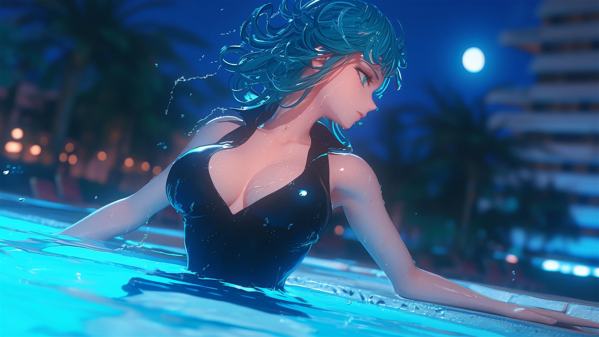 Tatsumaki from One-Punch Man resting by pool under moonlight