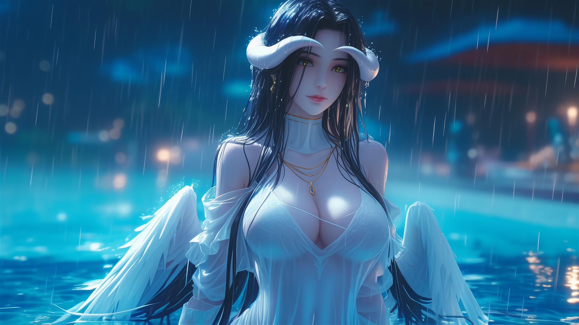 Albedo from Overlord standing in a pool under moonlight and rain