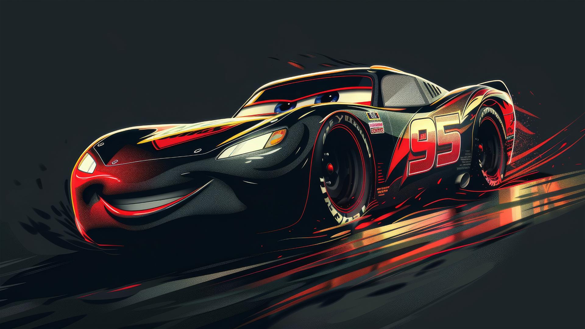 Pixar-style Lightning McQueen drawing with Harry Potter theme on dark backdrop