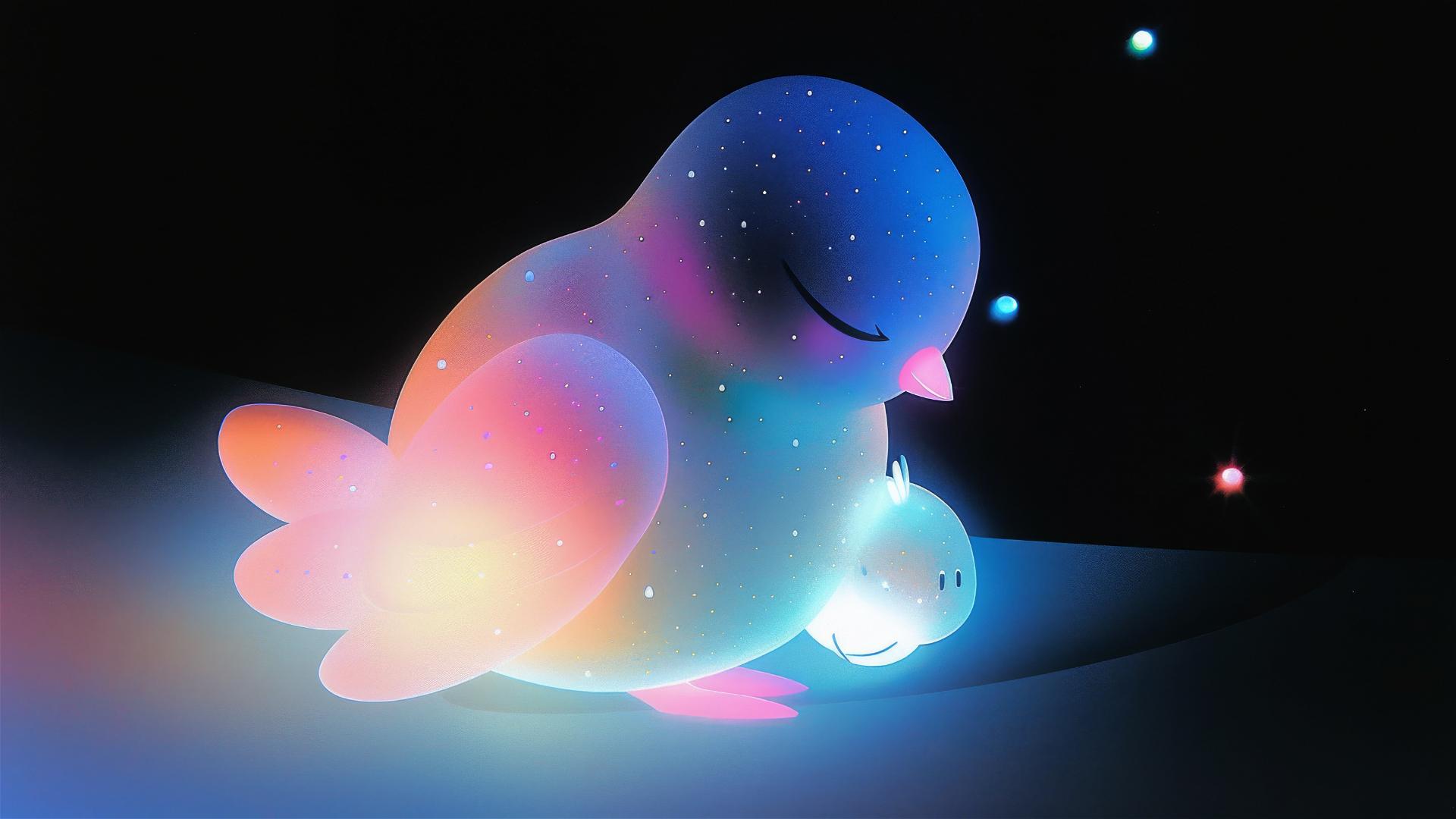 Glowing chick bending over to look at single firefly on its wing