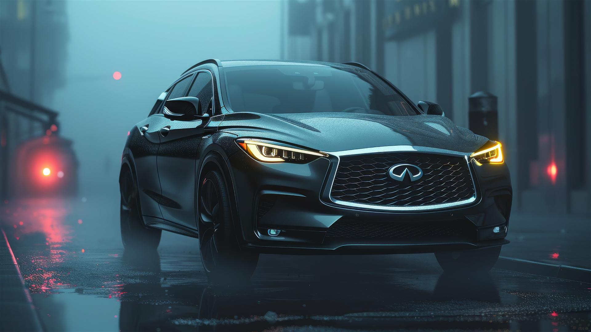Infiniti QX30 in dim lighting with a gothic, foggy atmosphere in photorealistic 8k