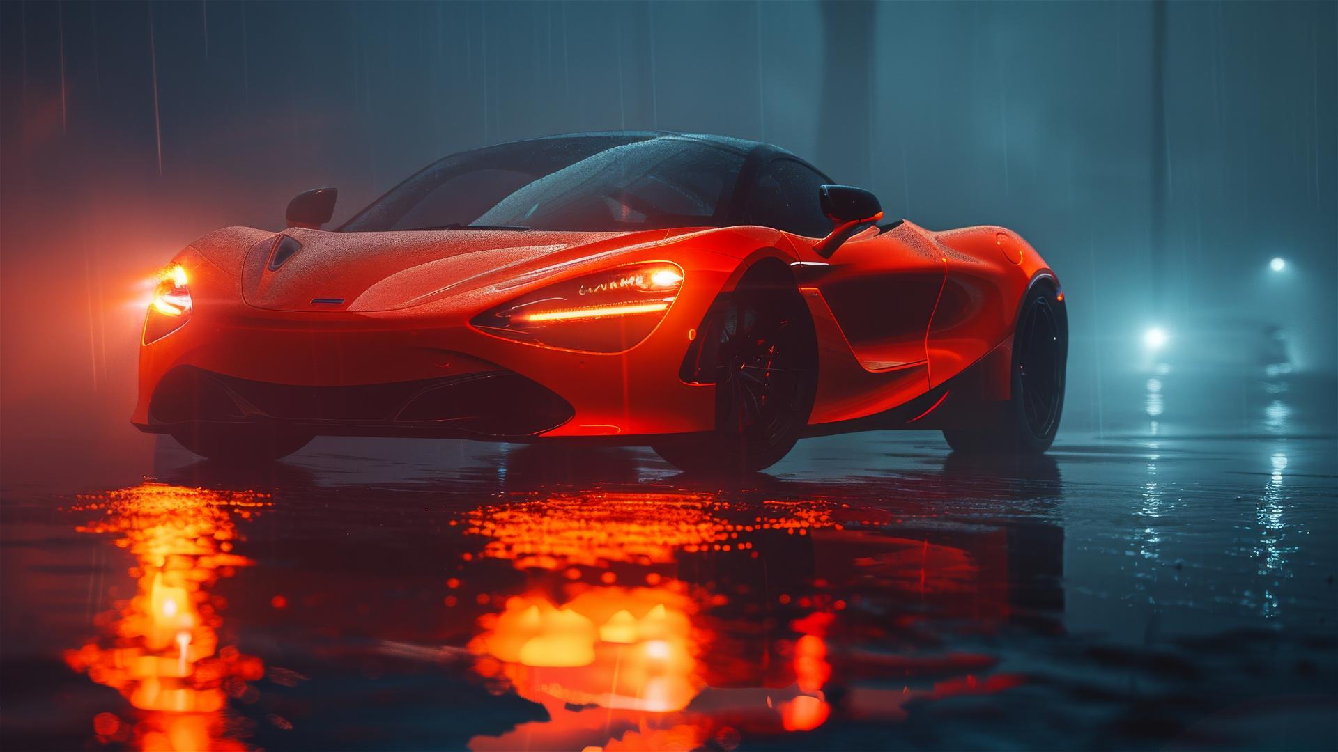 McLaren 720S in dim, gothic fog with close-up photorealistic detail