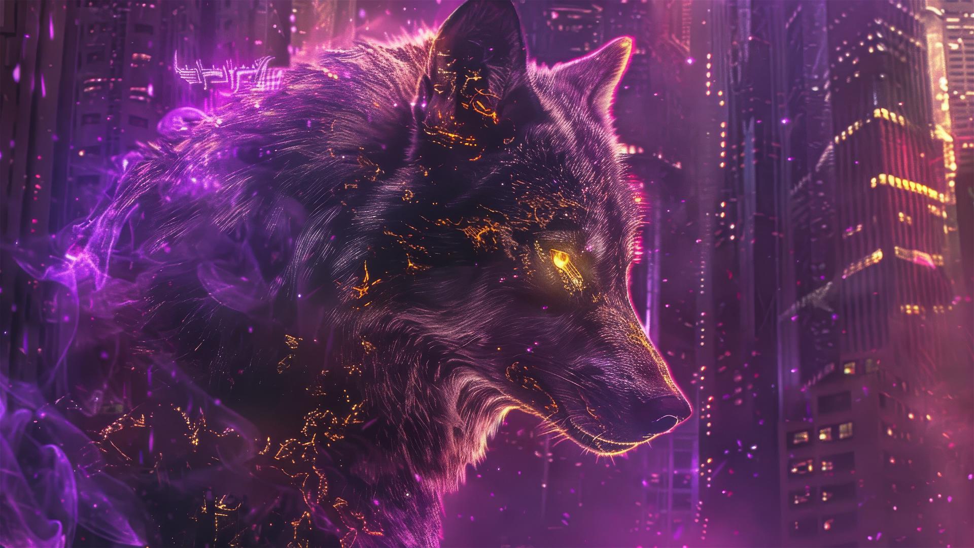 Fenrir wolf in neon gothic cyberpunk style with gold and purple hues