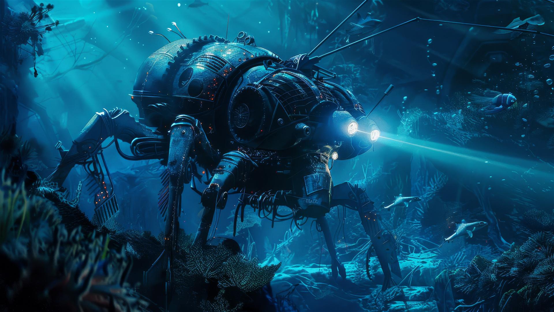 Gigantic mechanical ant gliding underwater with a beam of light
