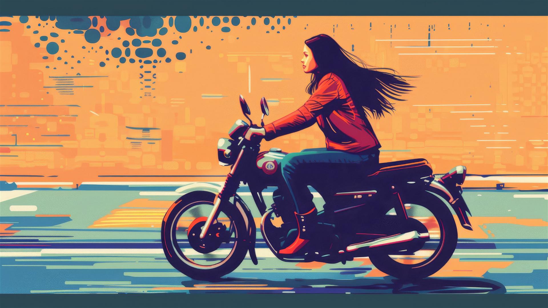 Minimalist pixel art of a girl riding a motorcycle.