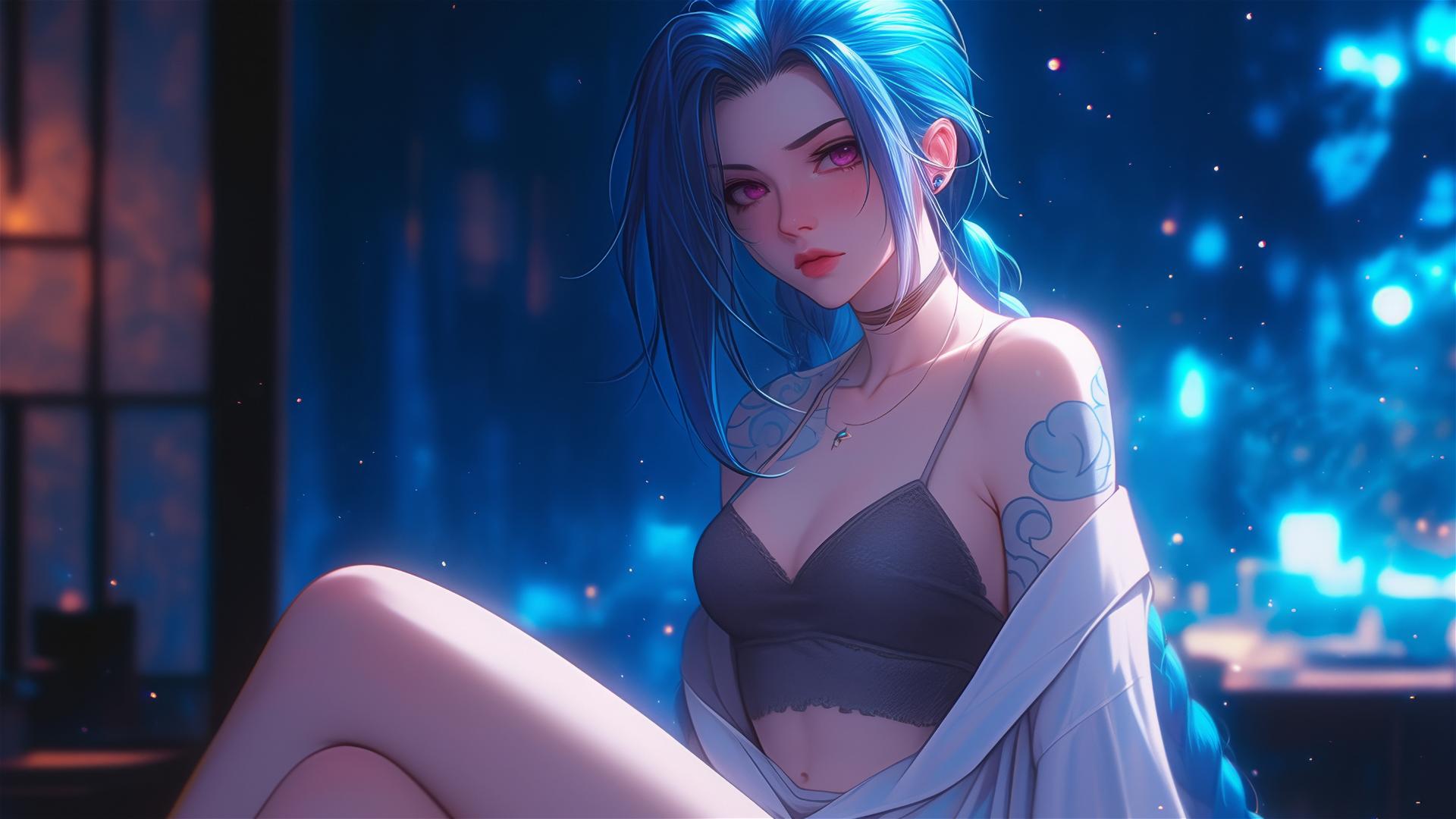 Jinx from League of Legends sitting in an apartment, illuminated by moonlight, with pink eyes and blue hair, wearing silk pajamas.