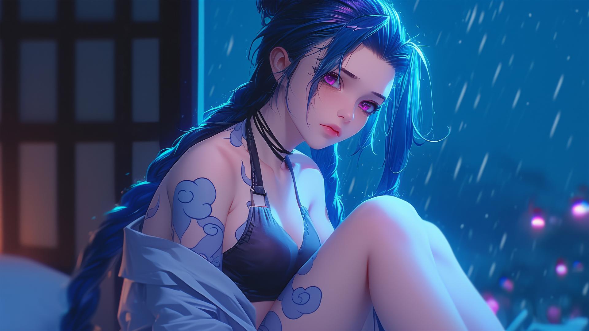 Jinx from League of Legends in silk pajamas, sitting in moonlit apartment