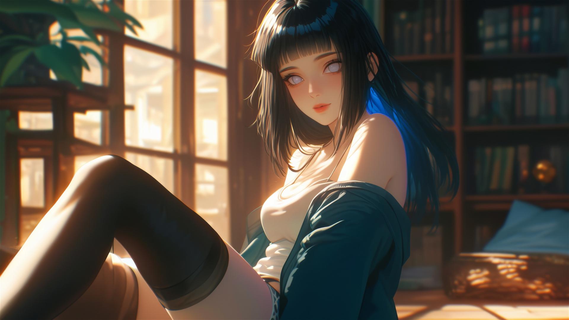 Hinata Hyuga sitting in a modern hotel with warm lighting and white eyes
