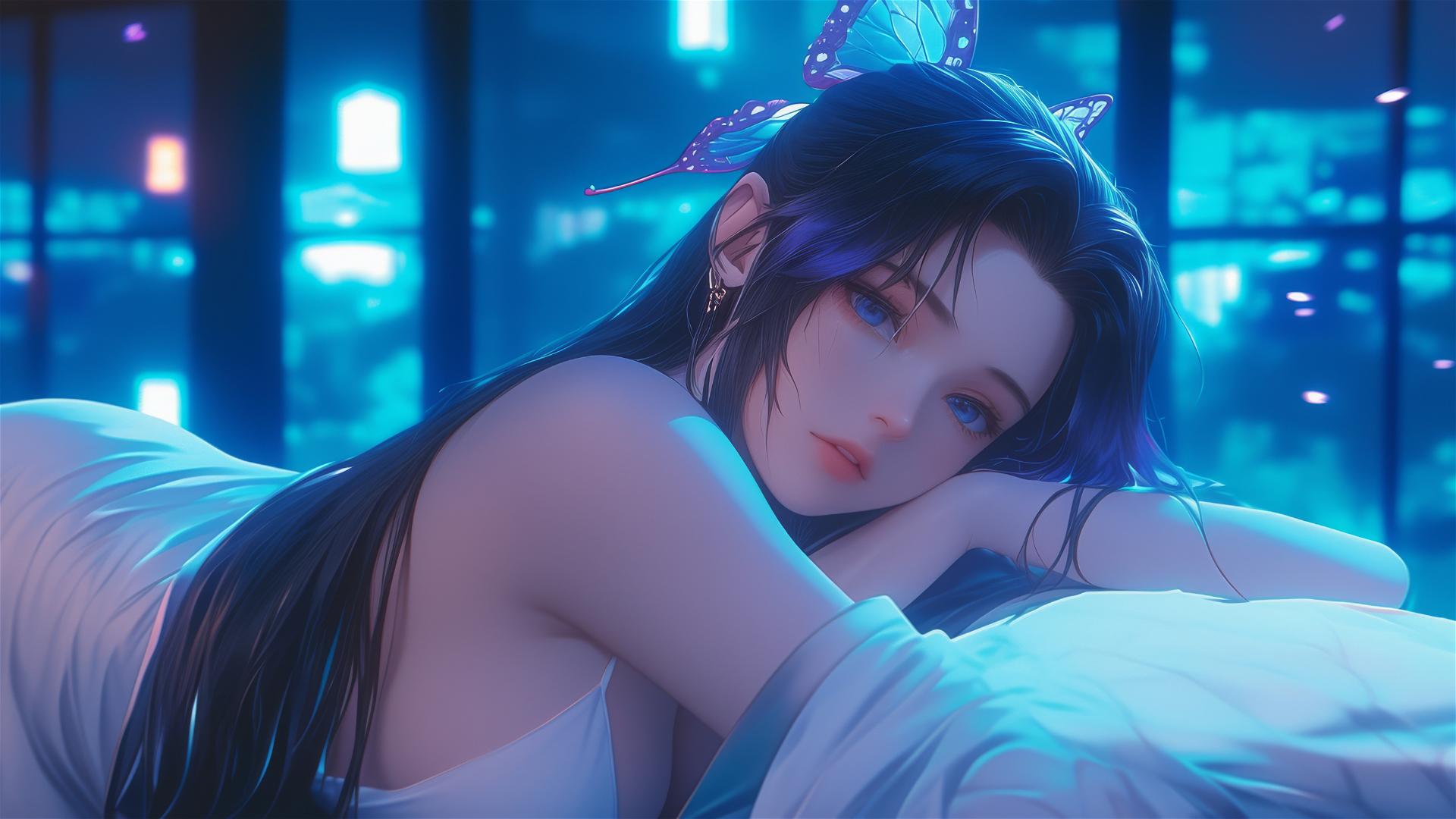 Shinobu Kocho rests in a modern hotel room with neon and moon light.