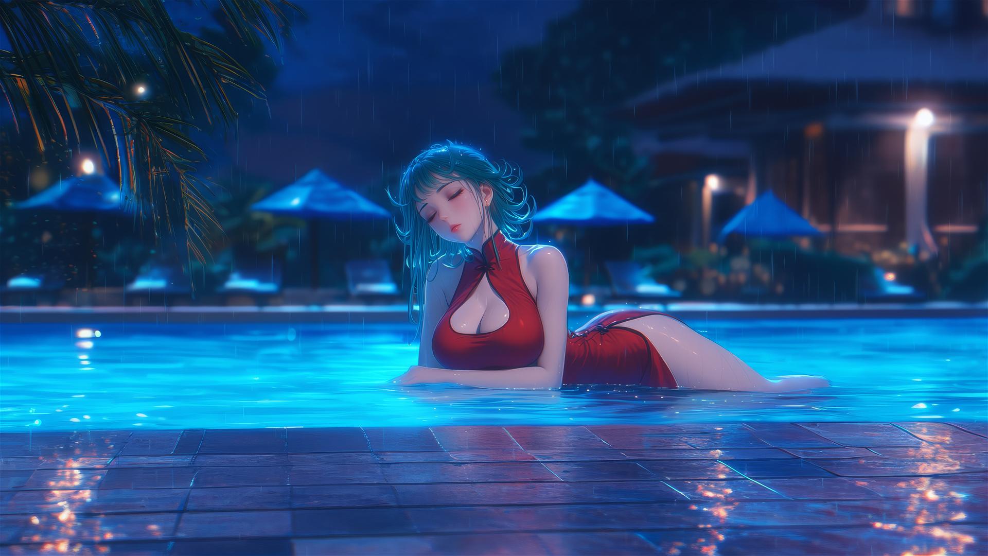 Tatsumaki from One-Punch Man in red dress resting by a pool under moonlight and rain