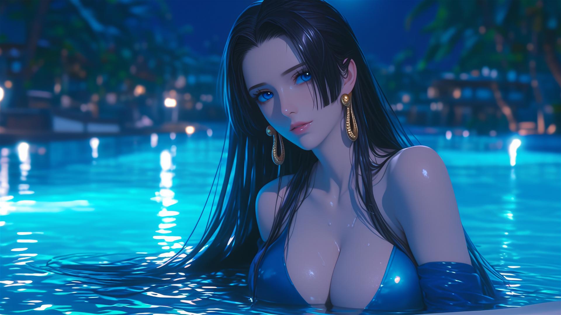 Boa Hancock from One Piece relaxing in a tub with moonlight glowing on her.