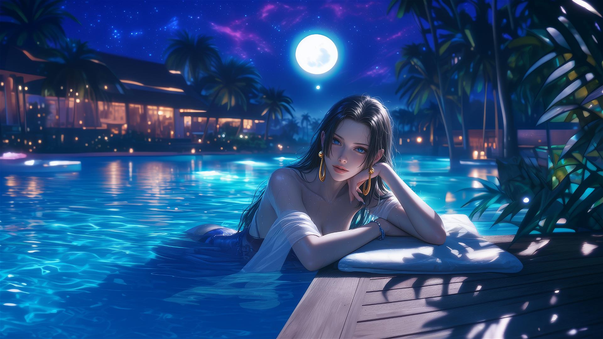 Boa Hancock resting by the swimming pool under moonlight