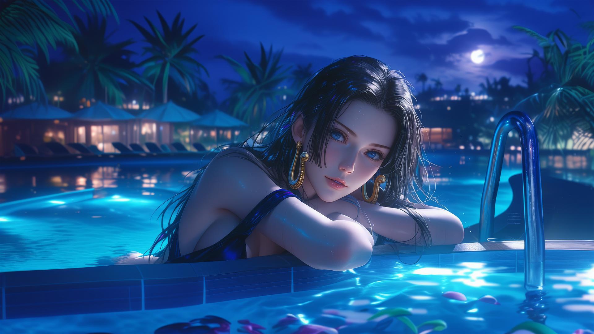 Boa Hancock from One Piece resting by a moonlit pool