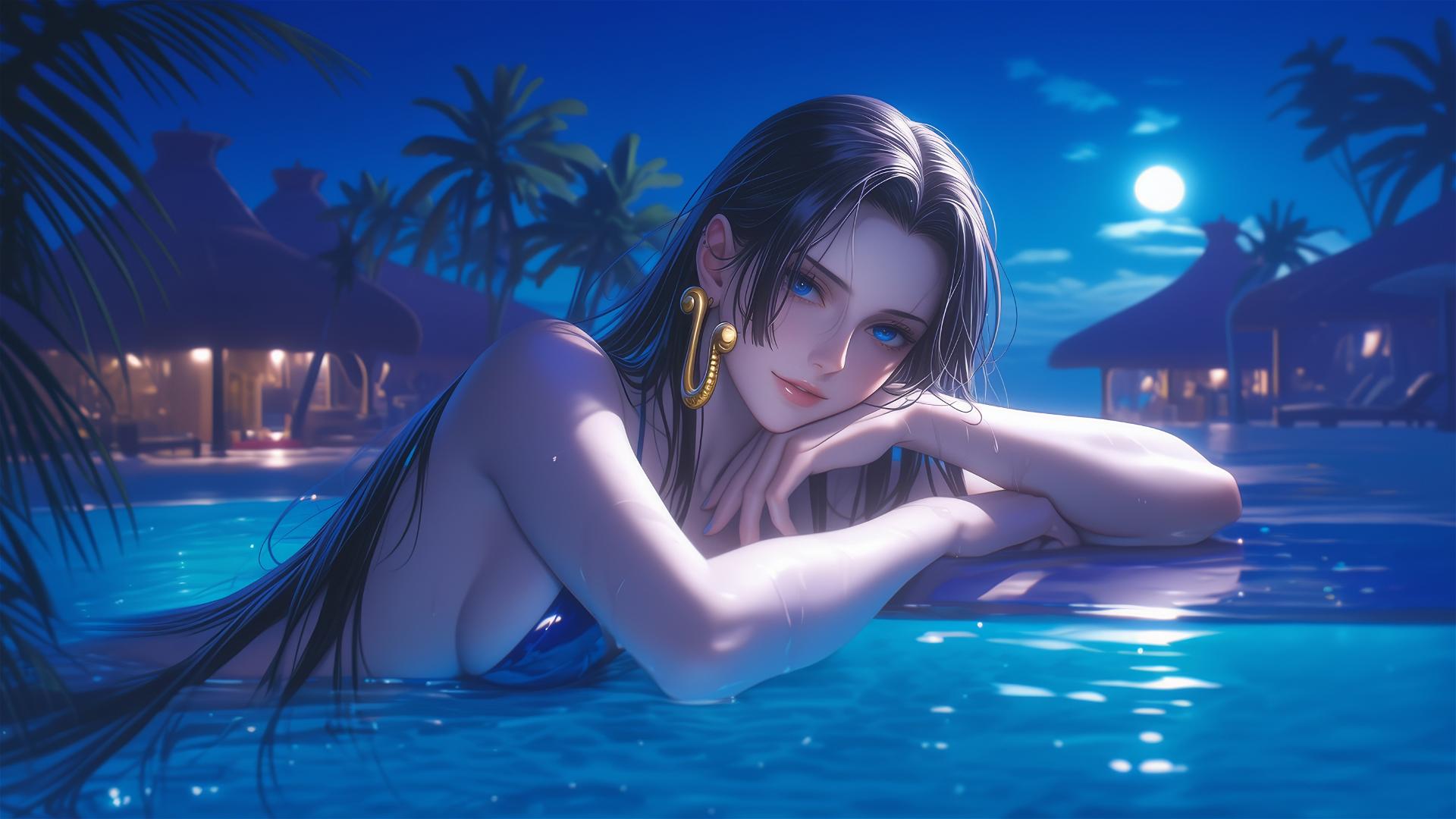 Boa Hancock resting by the pool under moonlight
