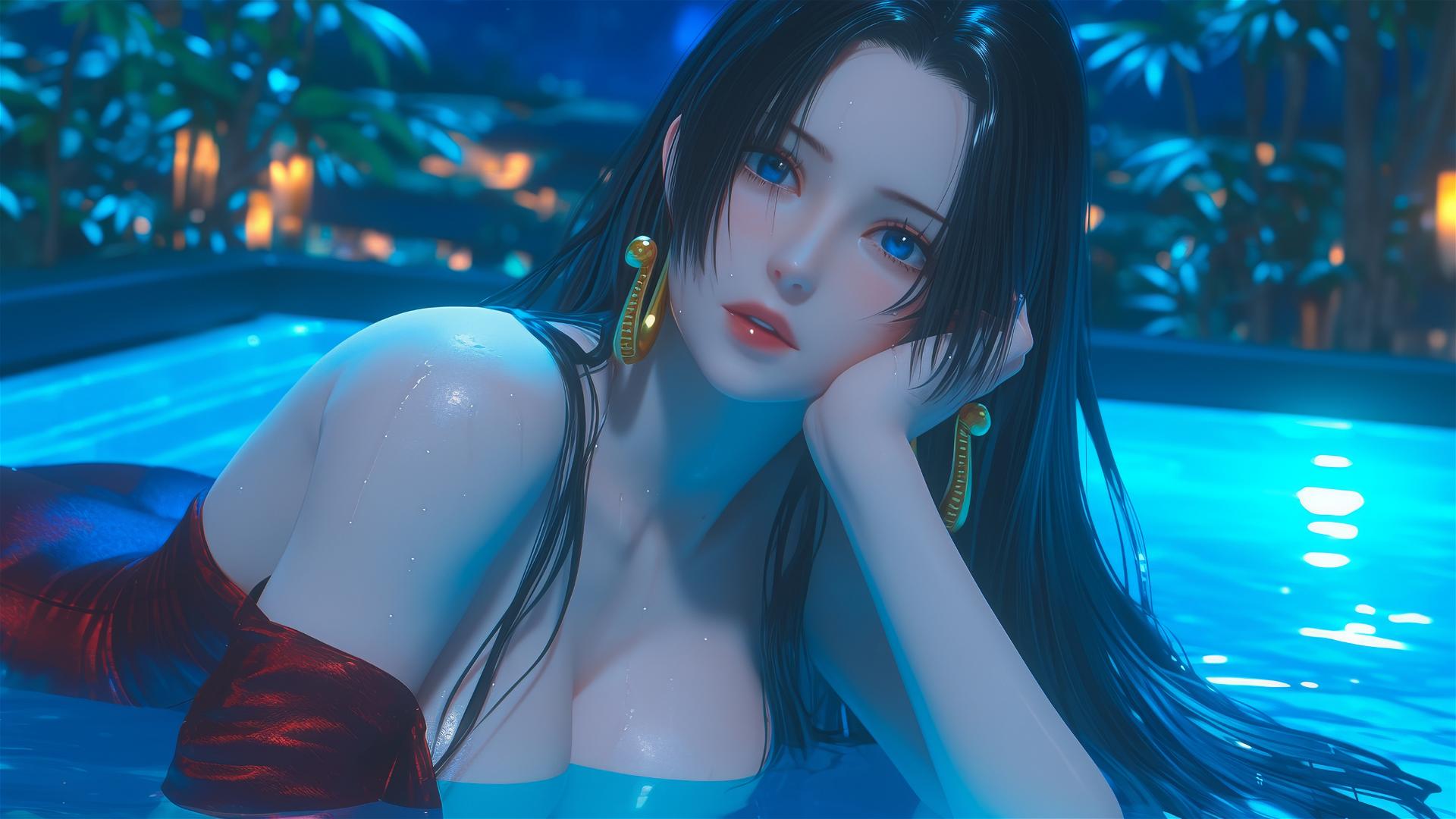 Boa Hancock from One Piece resting in a tub, moonlight glow.