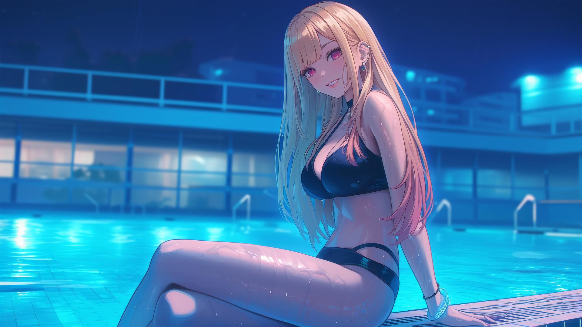 Marin Kitagawa sitting by a rainy swimming pool under moonlight.