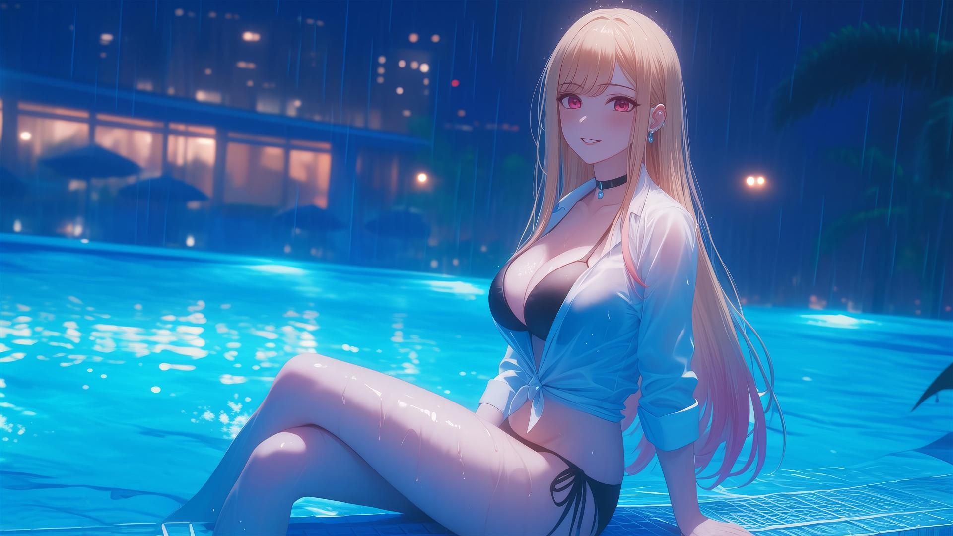 Marin Kitagawa at rainy pool under moonlight