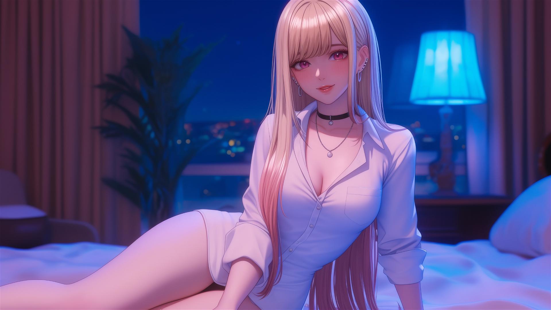 Marin Kitagawa sitting on a hotel bed with moonlight and silky blonde hair