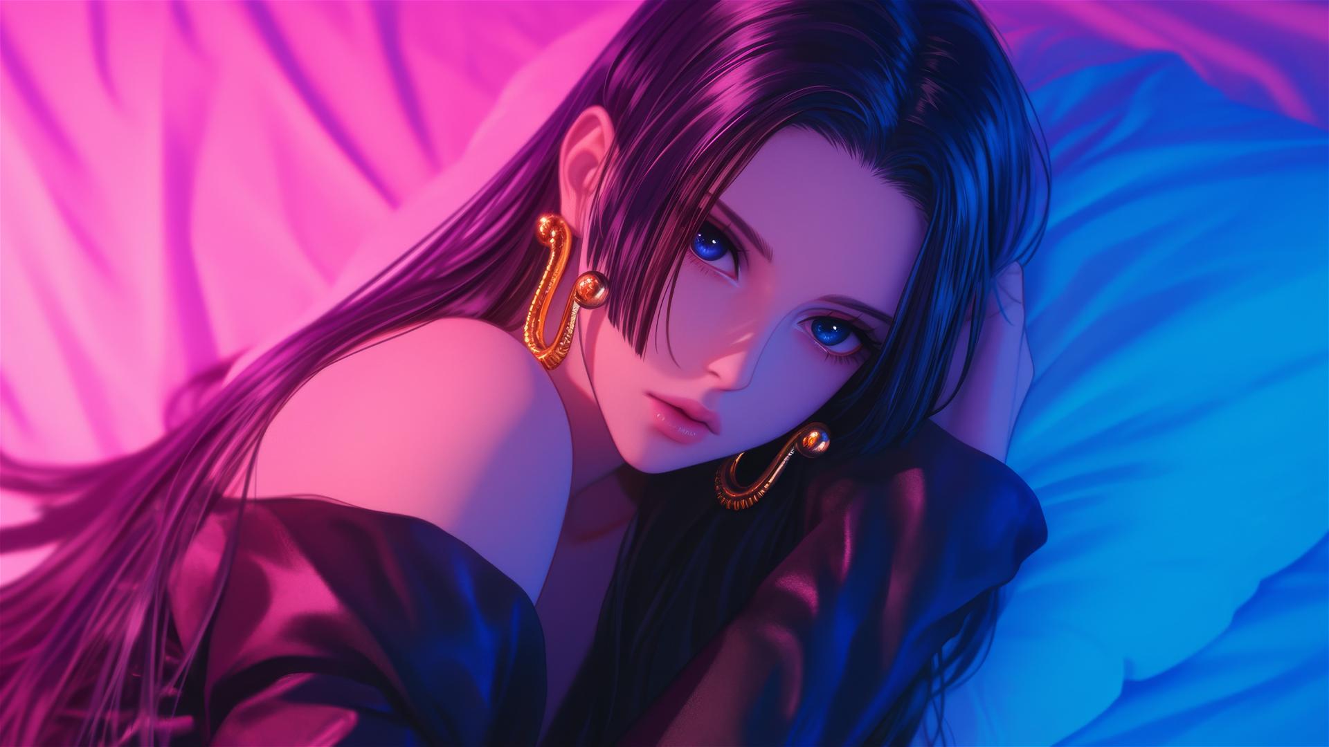 High Angle view of Boa Hancock from One Piece lying in bed, in black and pink leather, with long hair and gold earrings, neon colors and pink background