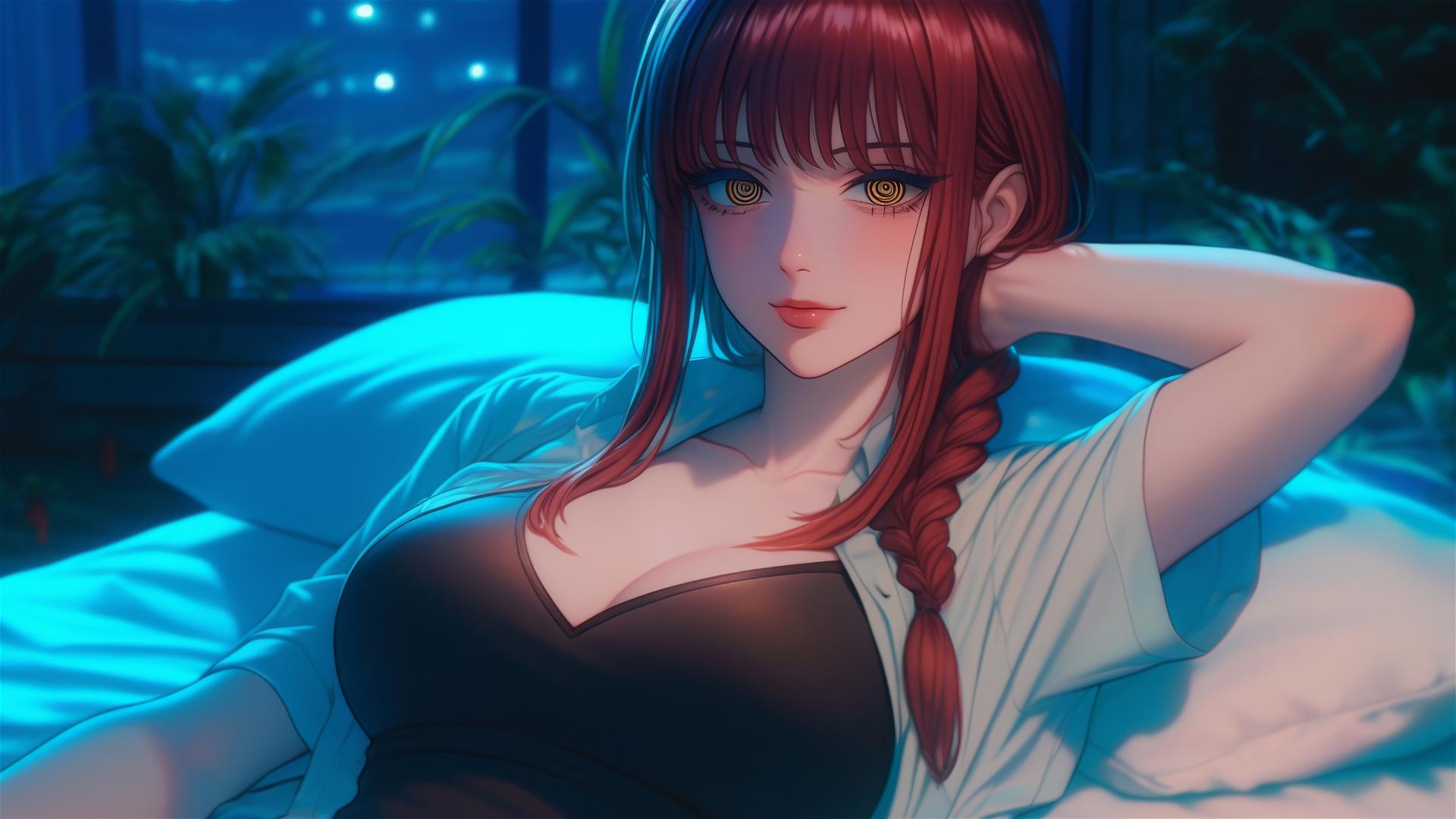 High angle view of Makima from Chainsaw Man lying in bed, with reddish hair