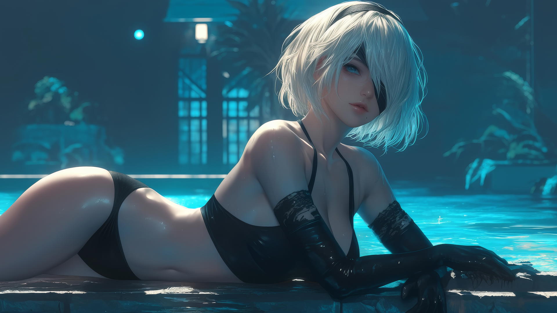 2B from Nier resting at a rainy pool under moonlit glow, short hair