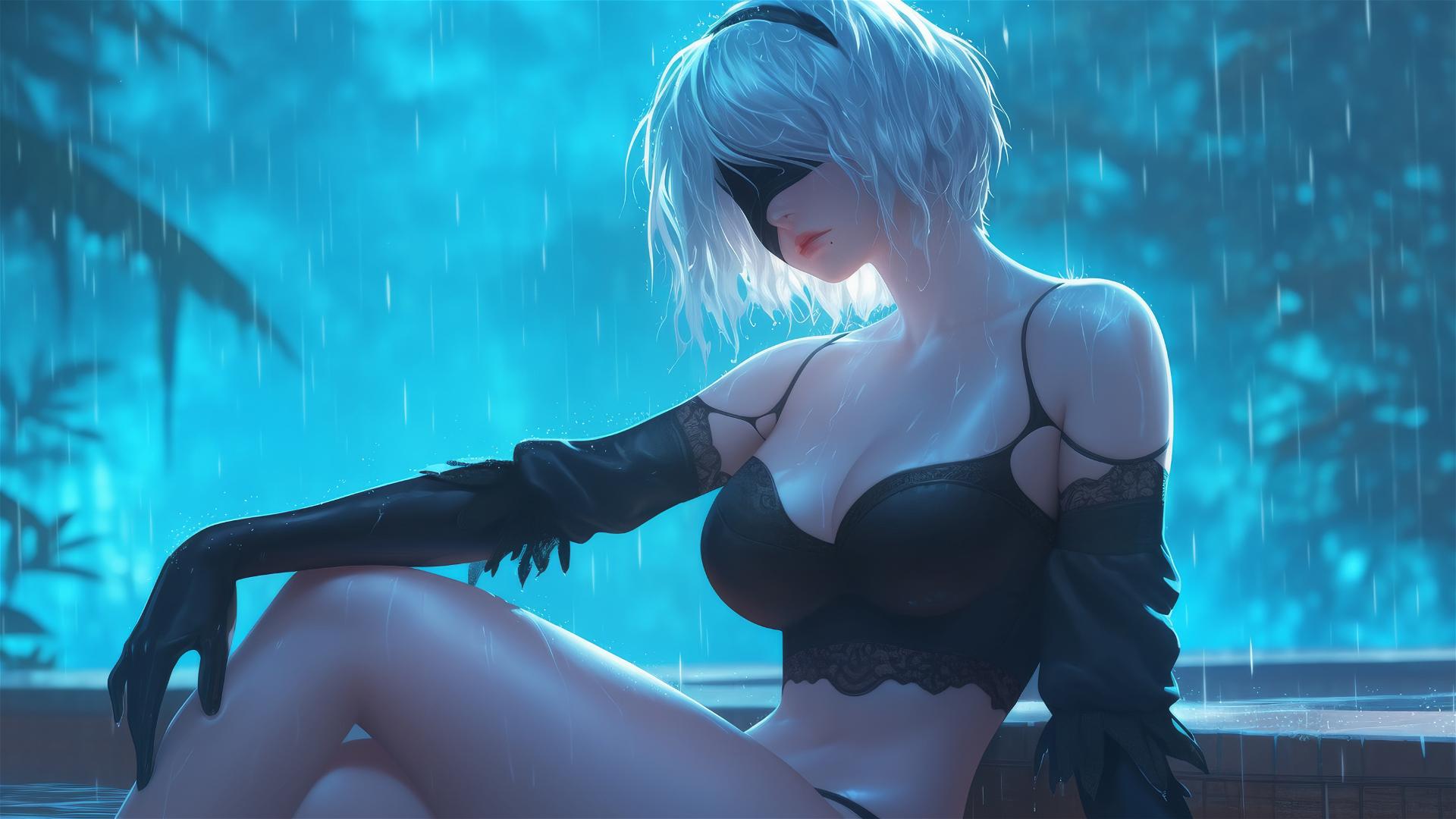 2B from Nier, sitting by a rainy swimming pool with moonlight glow.