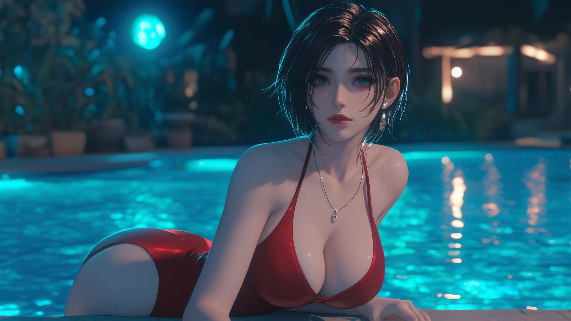 Ada Wong at rainy swimming pool, soft moonlight on her figure