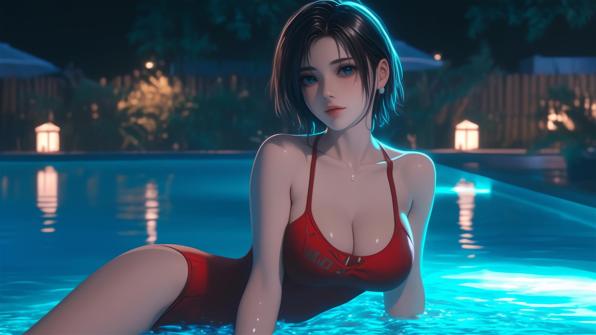Ada Wong from Resident Evil resting at a rainy swimming pool under moonlight