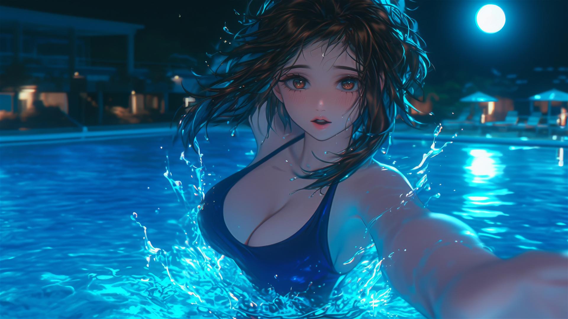 Ochaco Uraraka from My Hero Academia jumping out of a pool with moonlight.