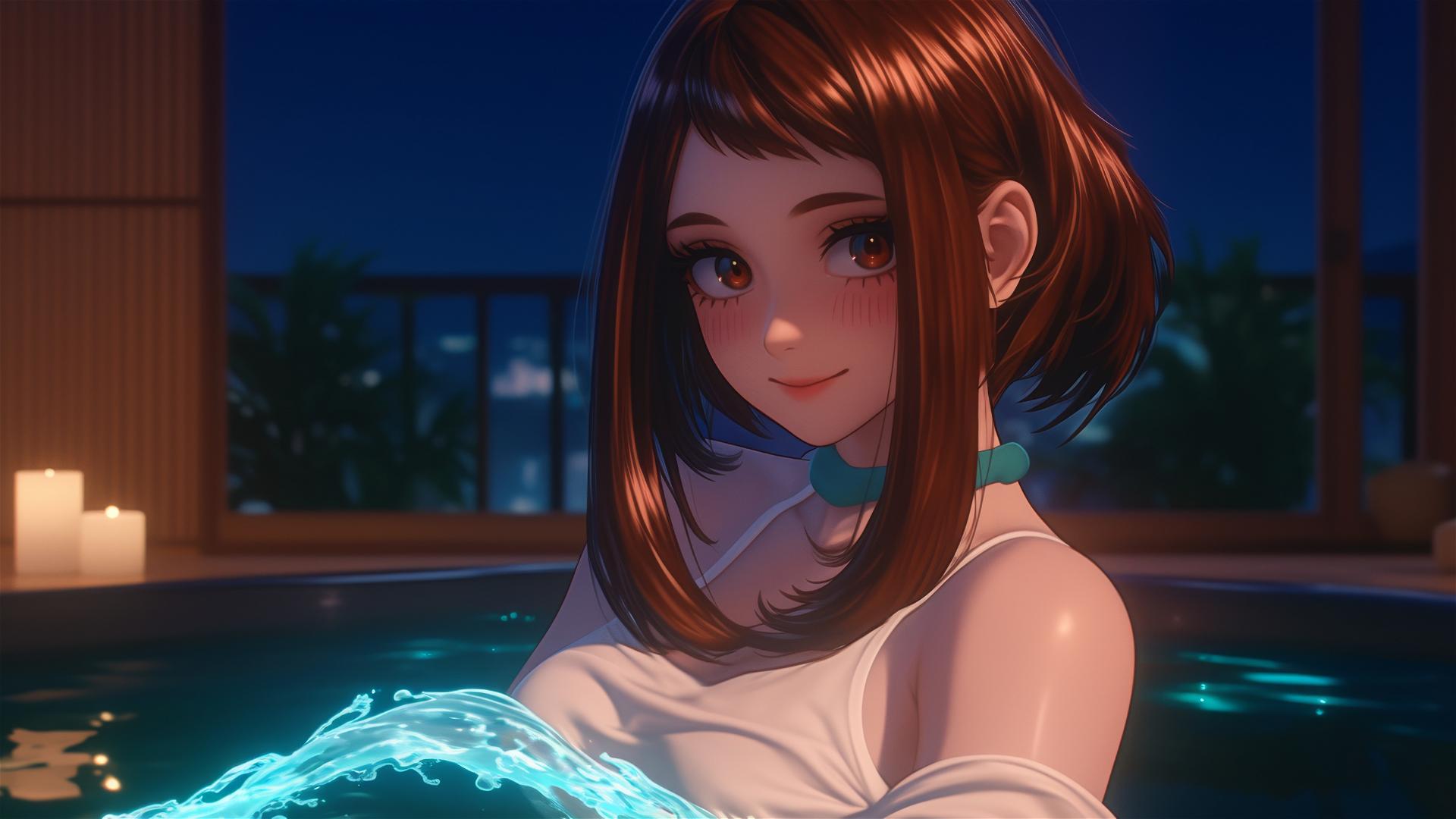 Ochaco Uraraka from My Hero Academia playing in a tub with warm light glowing softly.