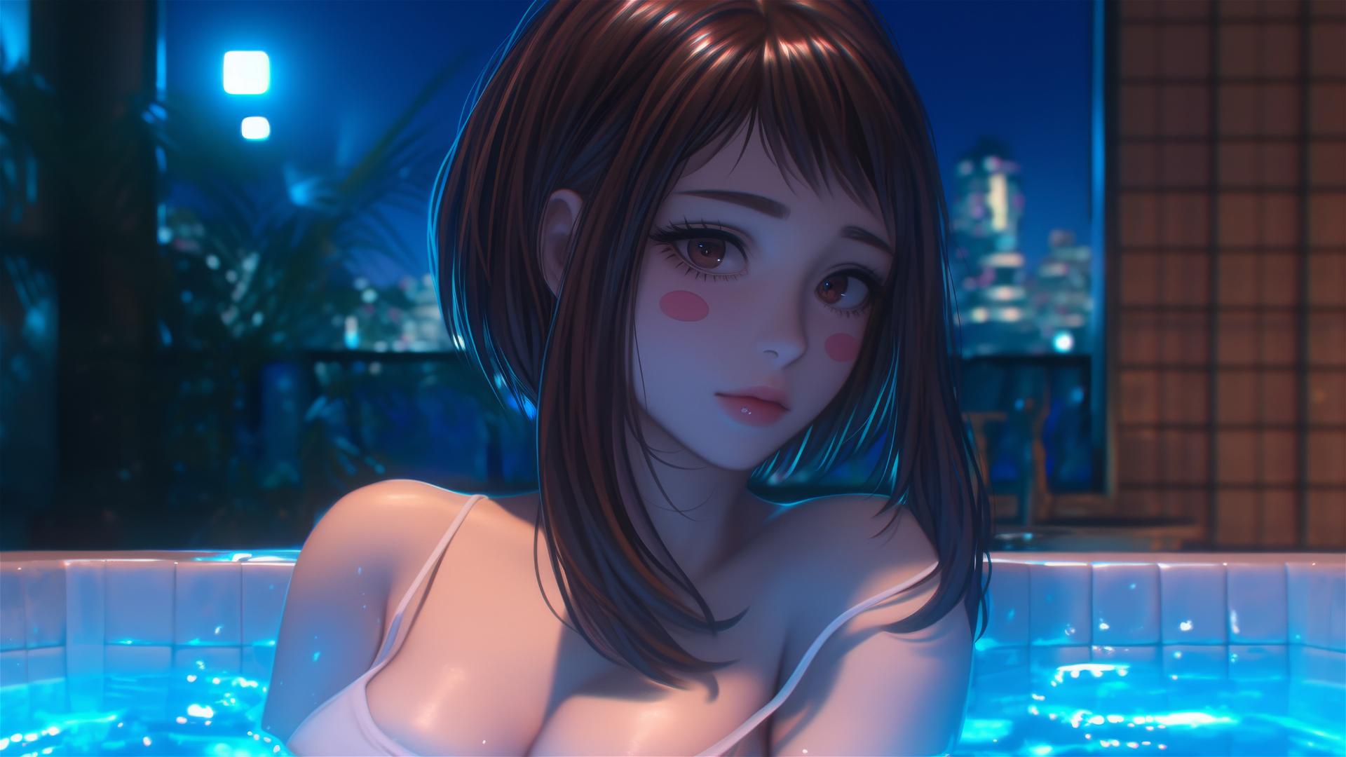 Ochaco Uraraka from My Hero Academia resting in a tub, warm light glowing.