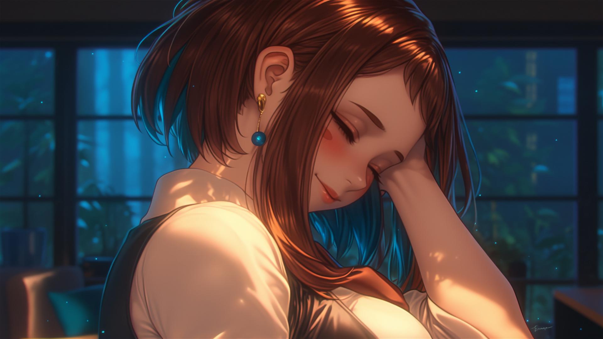 Ochaco Uraraka in a sunlit apartment, auburn hair and eyes, pink blush, morning glow