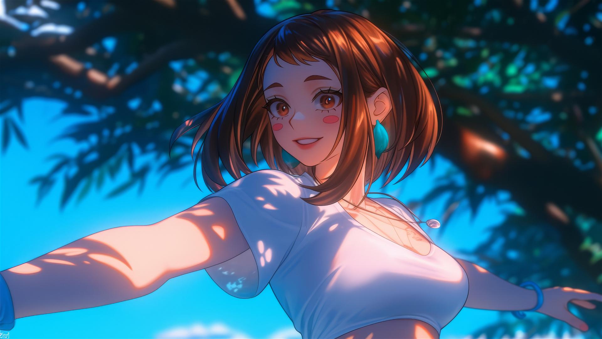 Ochaco Uraraka running in a park at sunrise, warm light on her auburn hair