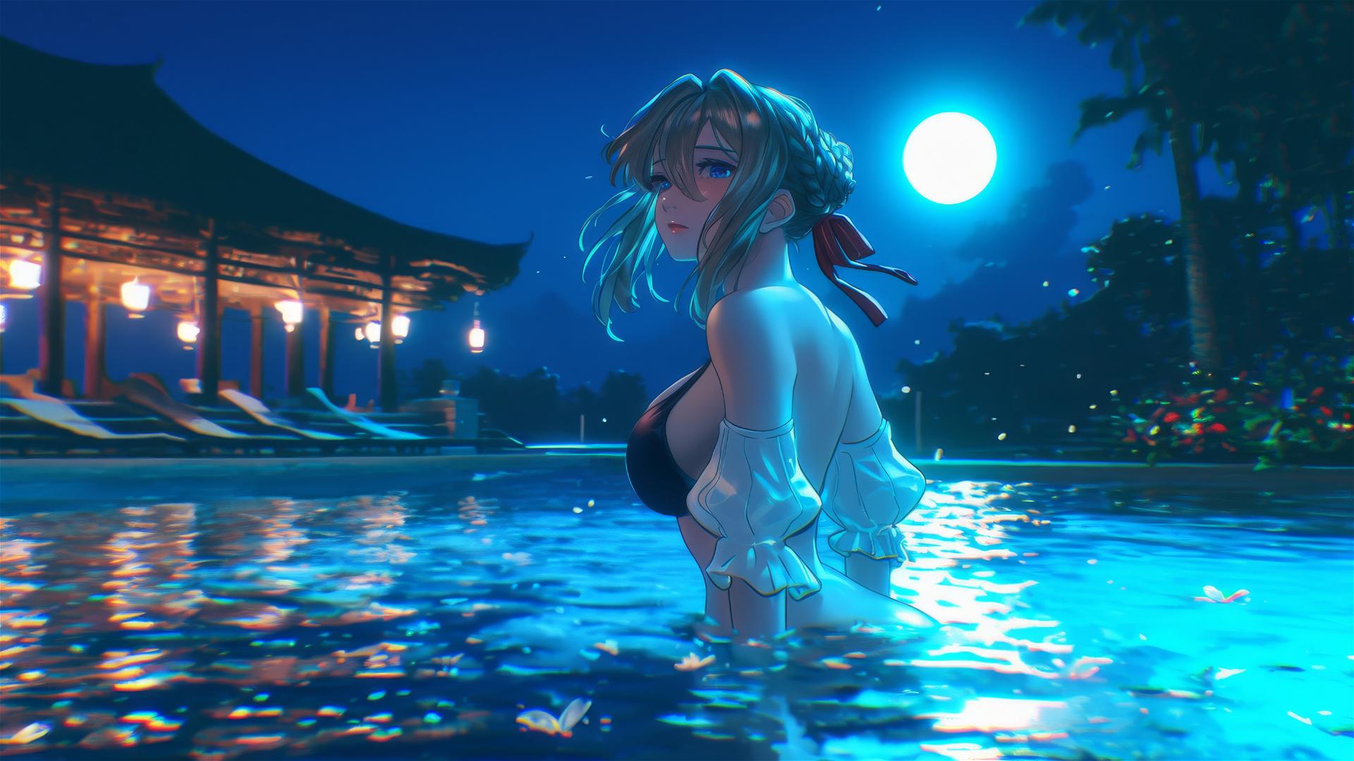 Violet Evergarden jumping from a pool under moonlight