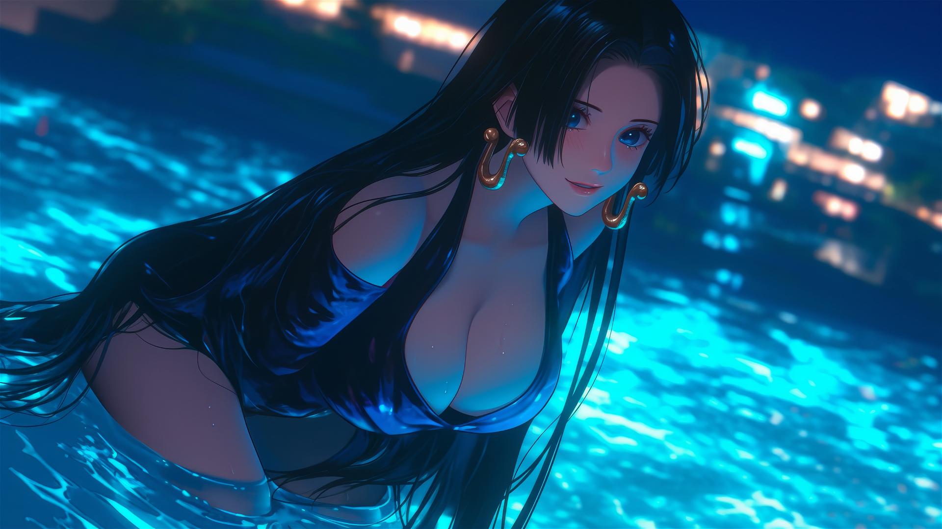 Boa Hancock leaping from a pool under moonlight