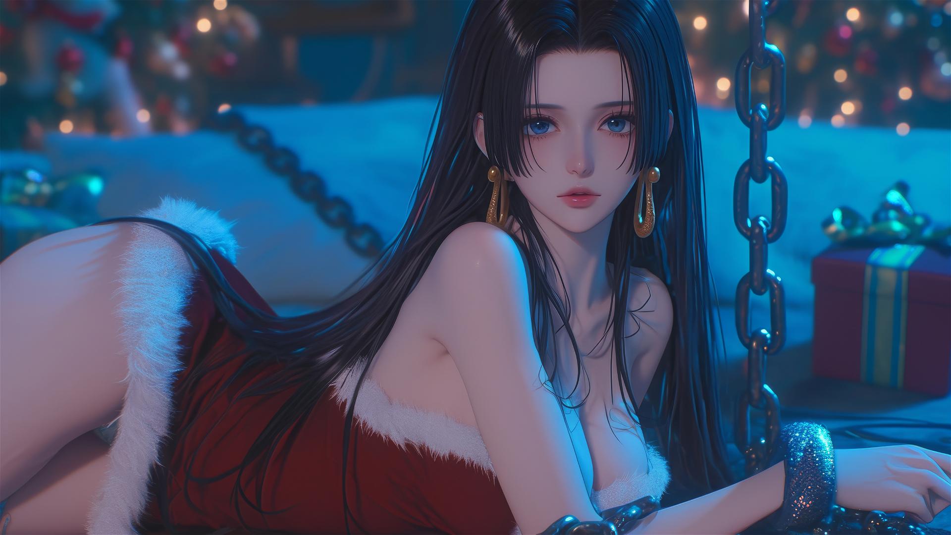 Boa Hancock from One Piece in a Christmas costume, chained in a modern hotel room with warm neon light.