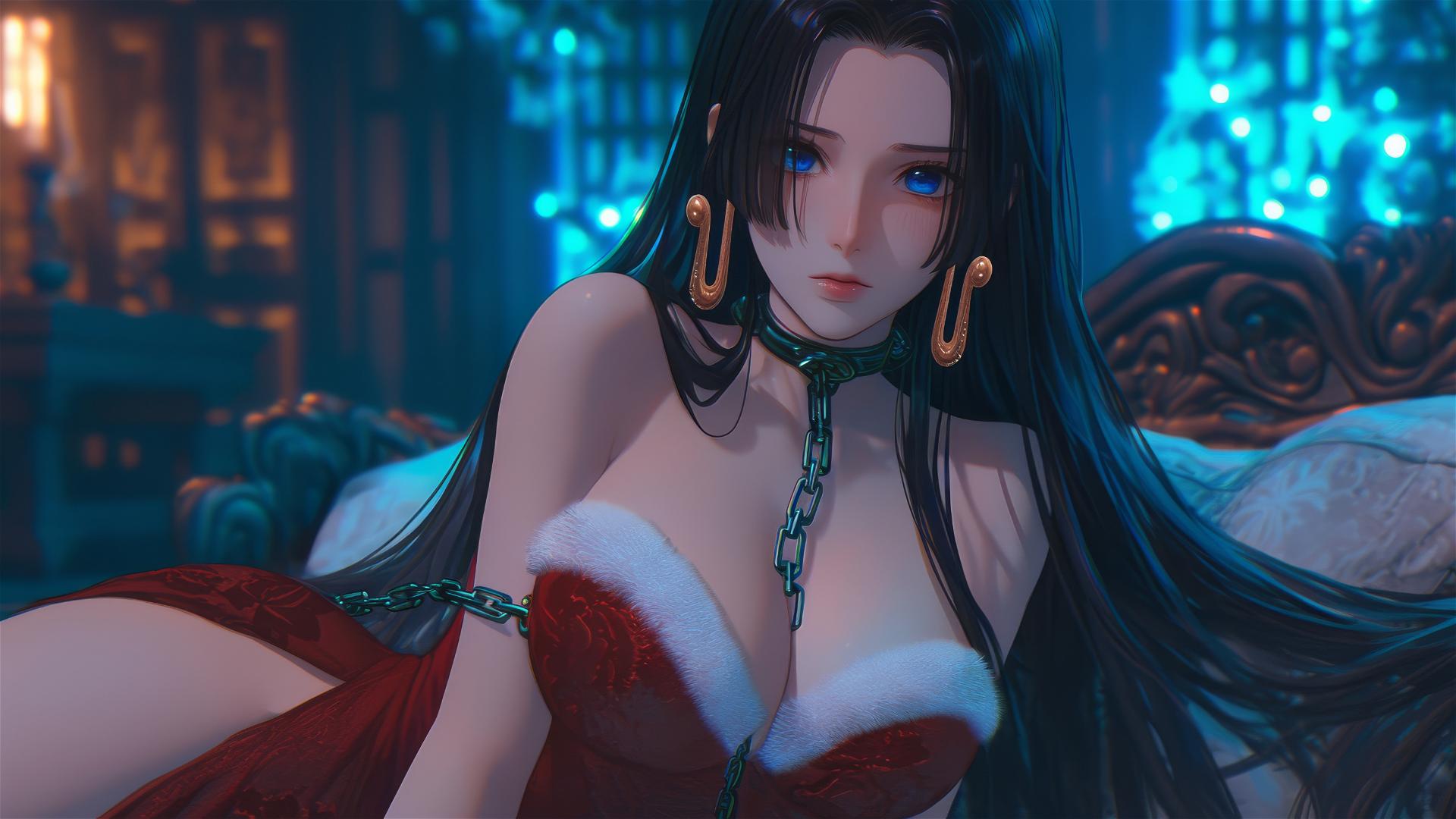 Boa Hancock in Christmas costume, chained in a neon-lit hotel room.