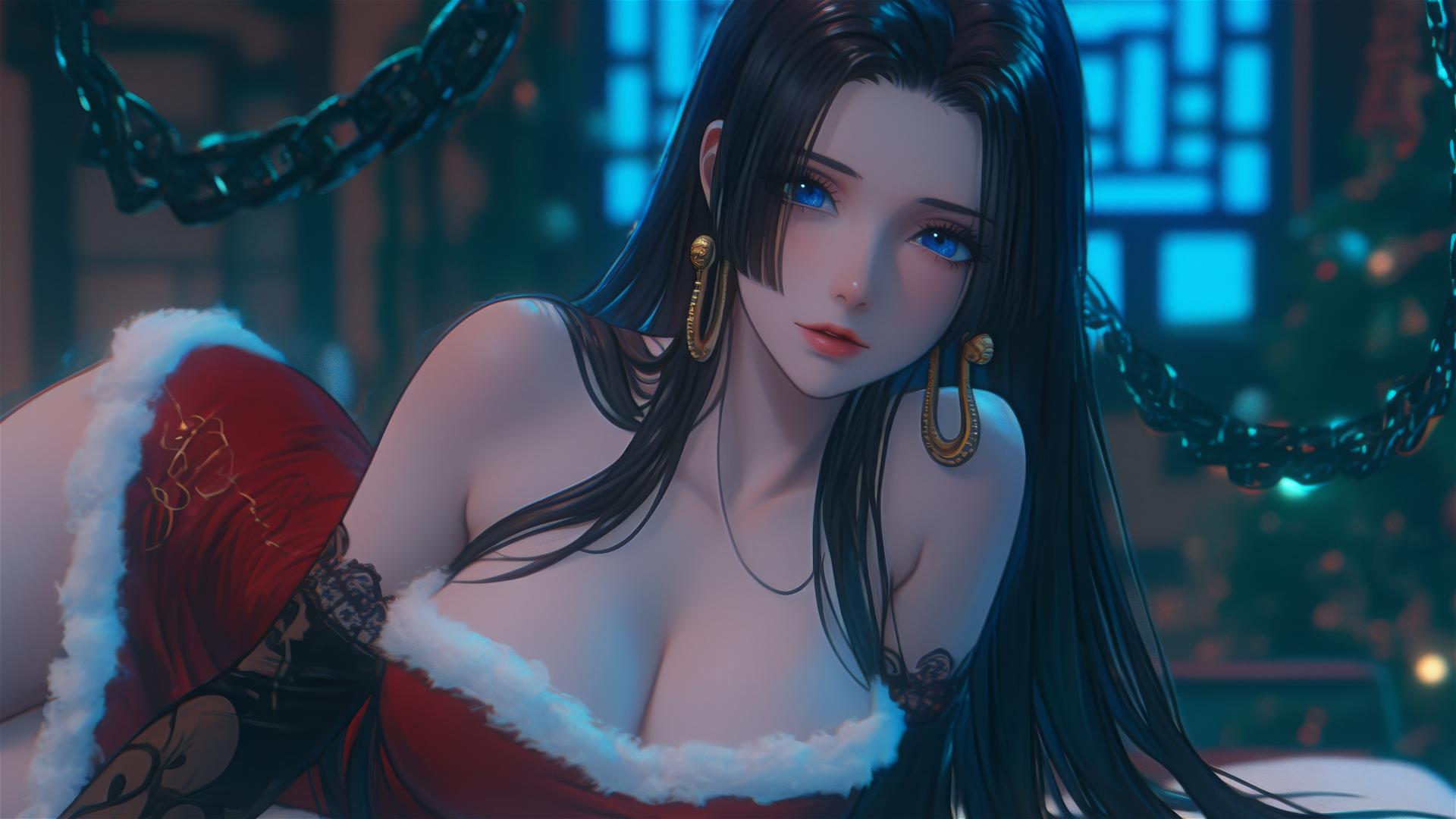 Boa Hancock in Christmas costume chained in neon-lit hotel room