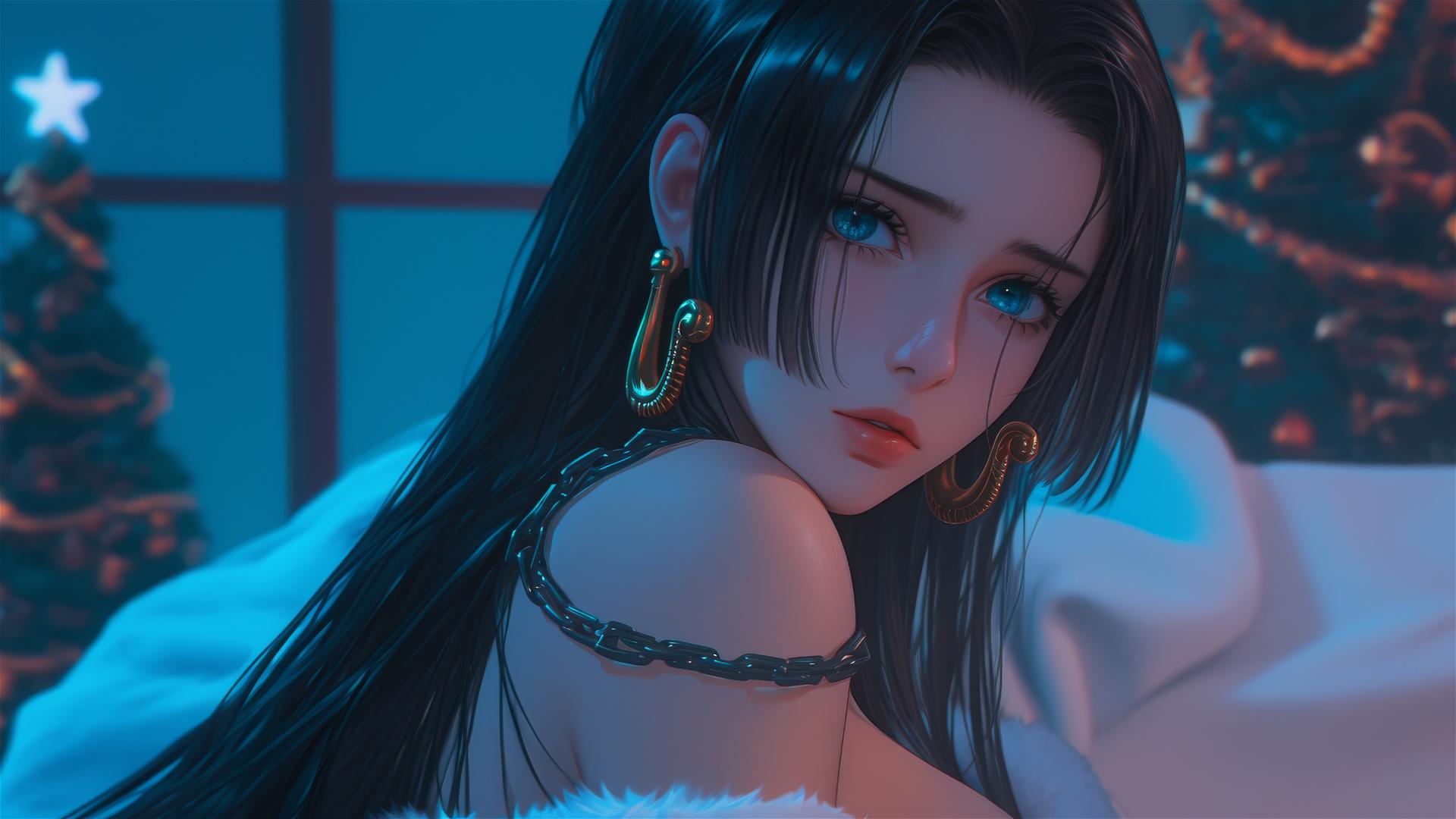 Boa Hancock from One Piece in a Christmas costume, chained, neon-lit hotel room