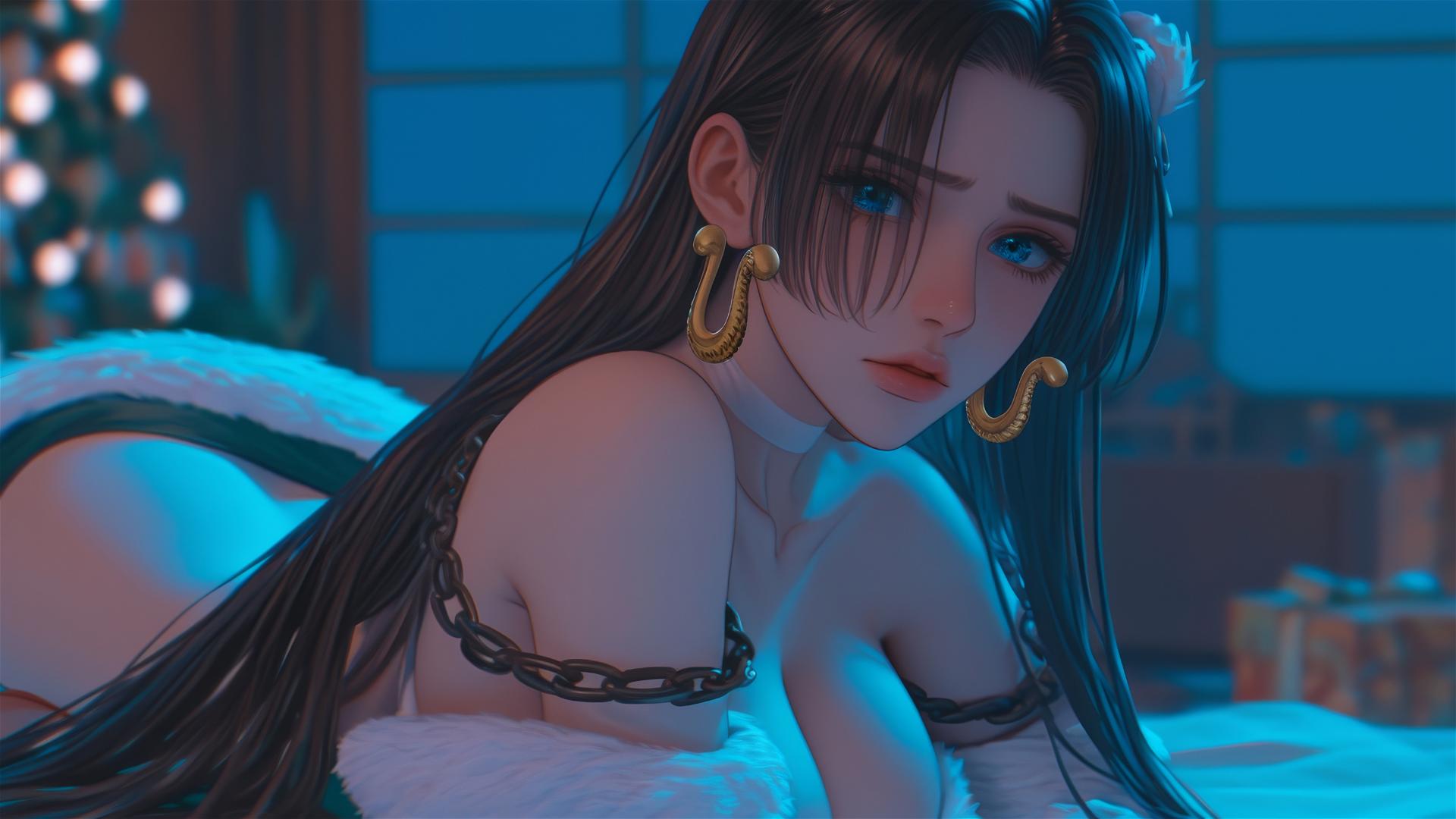 Boa Hancock from One Piece in Christmas costume, chained, in neon-lit hotel room.