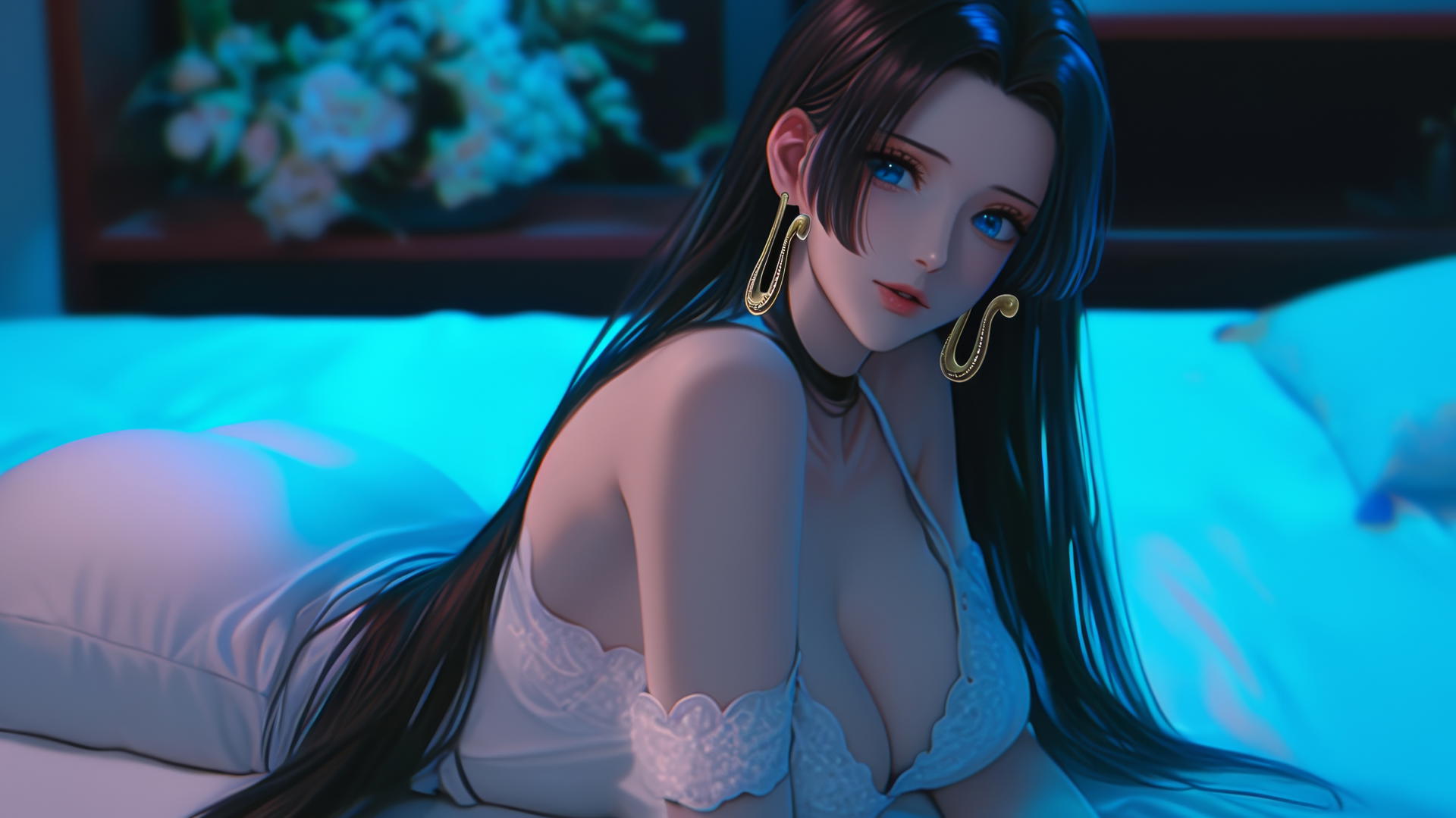 Boa Hancock from One Piece, viewed from behind, resting in a modern hotel room with neon light.