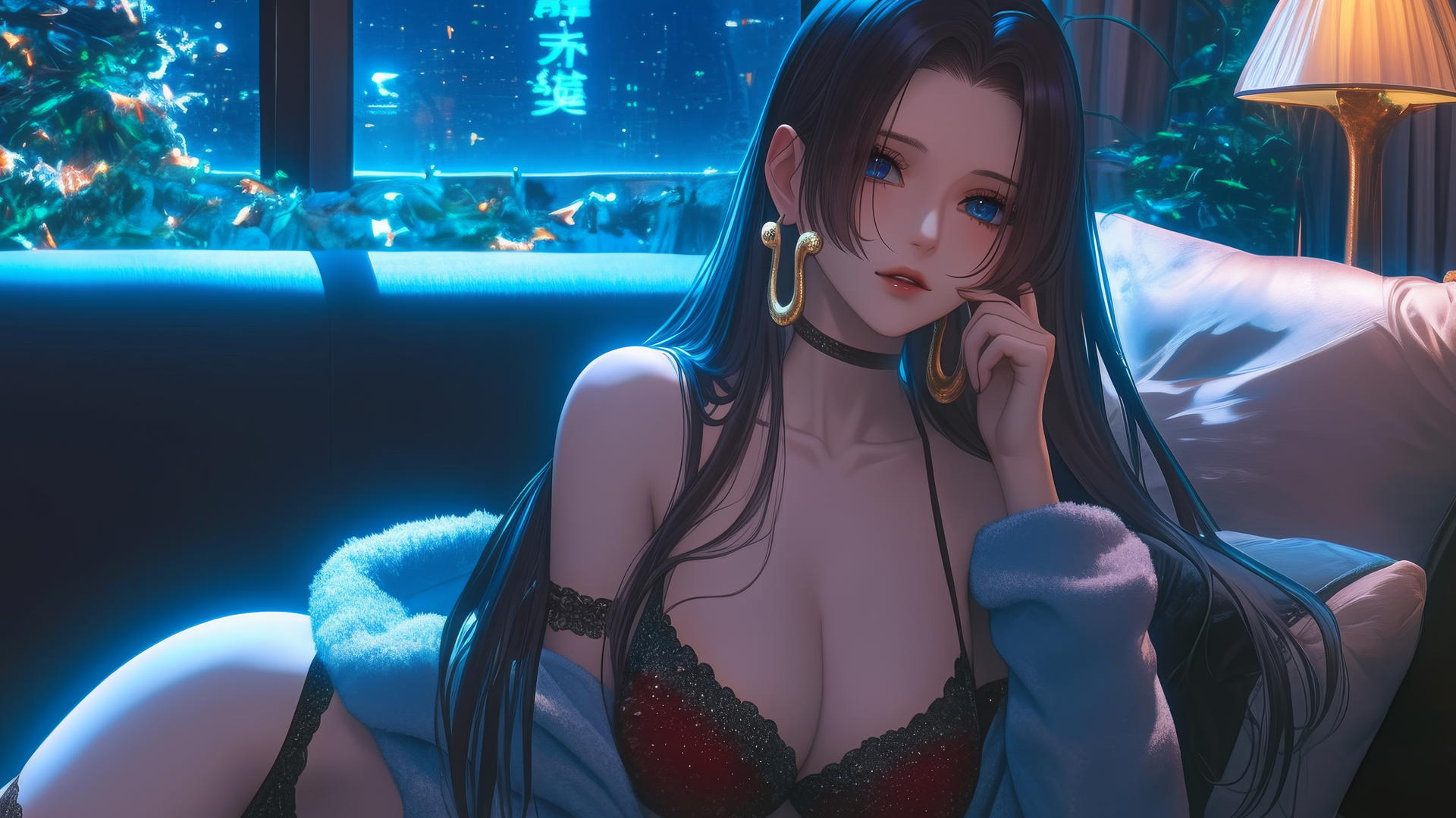 Boa Hancock from One Piece in a Christmas-themed red outfit, standing in a modern hotel room with neon lights.