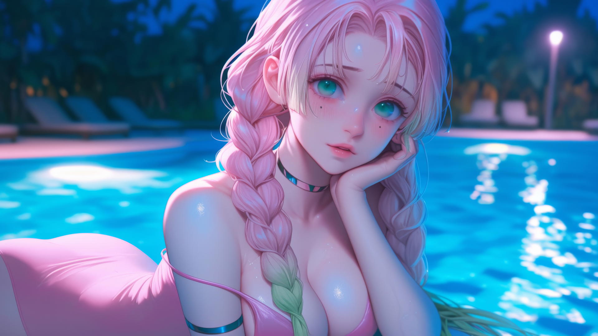 Mitsuri Kanroji resting by a pool under moonlight, pink dress, moonlit thighs.